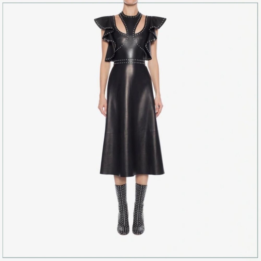 $8990 Alexander McQueen Studded Trim Lamb Leather Ruffle Runway Midi Dress - Picture 11 of 11